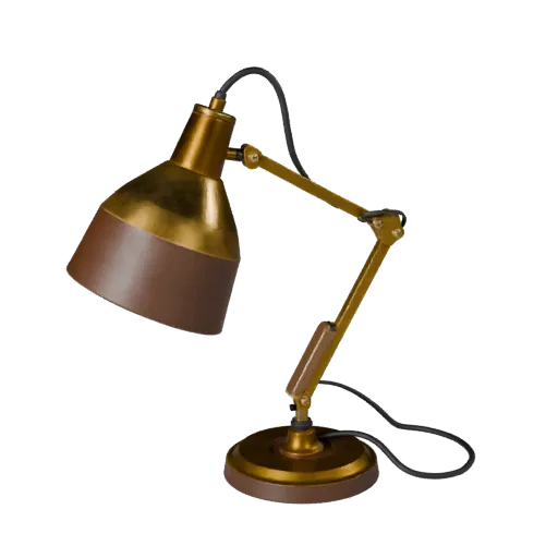Brass Desk Lamp game ready 3D model, front view studio render, with calibrated lamp silhouette and material reads.
