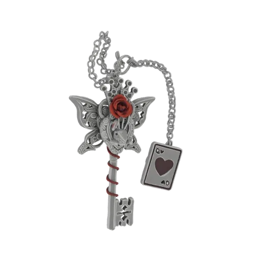 3D model of an Alice in Wonderland themed key with a rabbit, rose, and Queen of Hearts playing card.