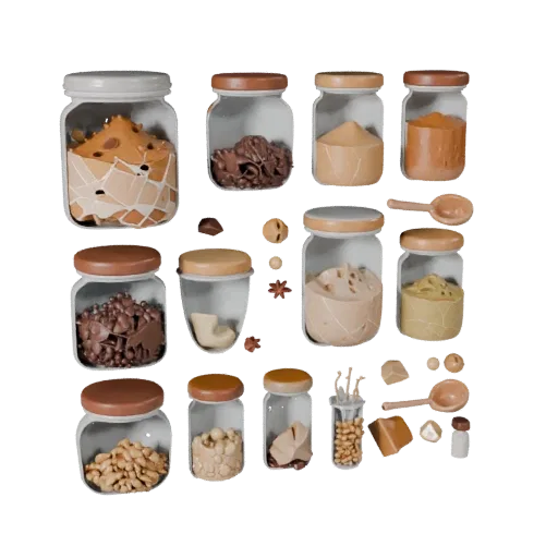 Baking Spice Jars Stylized 3D model, stylized isometric render, showing powders, small ingredient shapes.