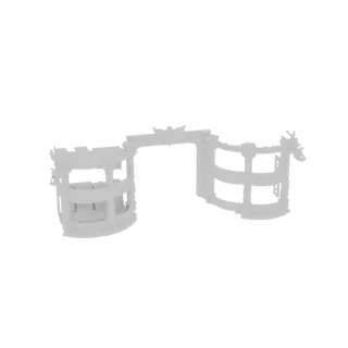 3D model render of an ancient temple archway with two curved sections and intricate carvings, set against a white background.