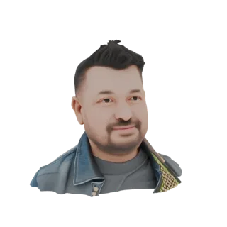 3D model render of a man with dark hair, a beard, wearing a blue denim jacket and a grey t-shirt, looking to the side.