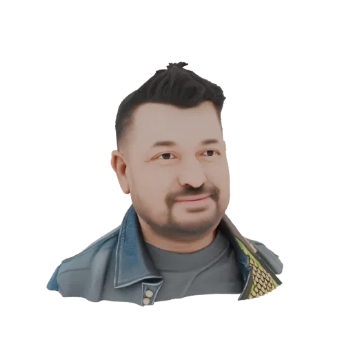 3D model render of a man with dark hair, a beard, wearing a blue denim jacket and a grey t-shirt, looking to the side.