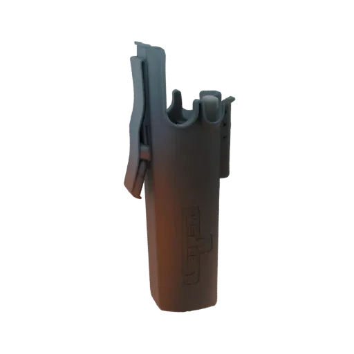 3D model of a dark gray tactical holster with a dual magazine pouch and belt clip, featuring embossed branding.