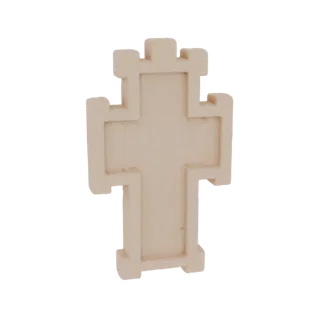 3D model render of an ornate cross with castle-like crenellations, presented against a white background.