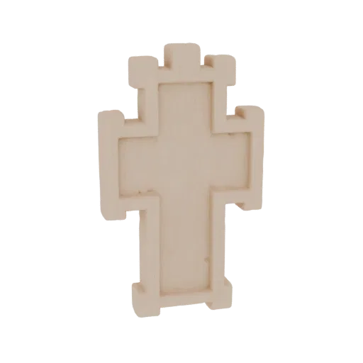 Rendu 3D d'une croix ornée avec des créneaux de style château, présenté sur fond blanc.