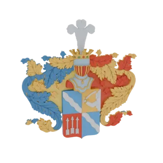3D model of an ornate heraldic crest with a bust, crowned helmet, shield, and decorative foliage in red, blue, and yellow.
