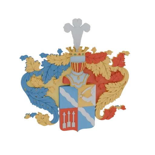 3D model of an ornate heraldic crest with a bust, crowned helmet, shield, and decorative foliage in red, blue, and yellow.