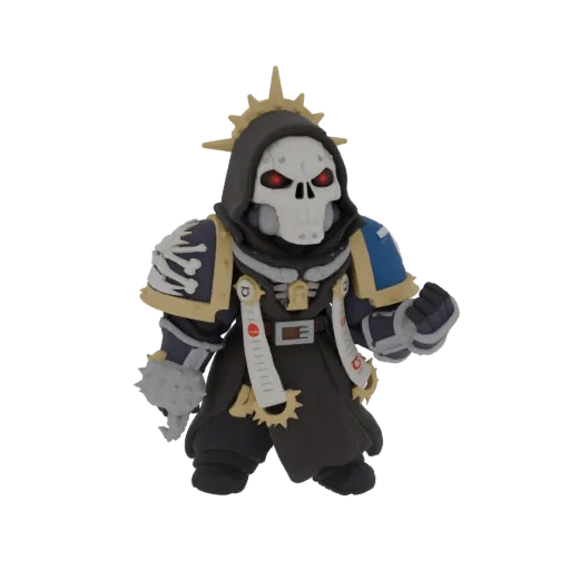Ein 3D-Modell eines Chibi Grimdark Kriegers mit Totenkopfmaske, roten Augen, Kapuzengewand mit Knochendetails und Schulterpan