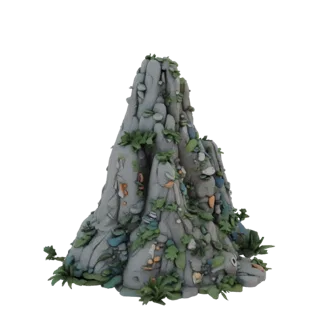 Modelo 3D de rocha estilizada com plantas verdes cobrindo sua superfície, em fundo branco.