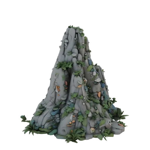 Modelo 3D de roca estilizada con plantas verdes cubriendo su superficie, sobre fondo blanco.