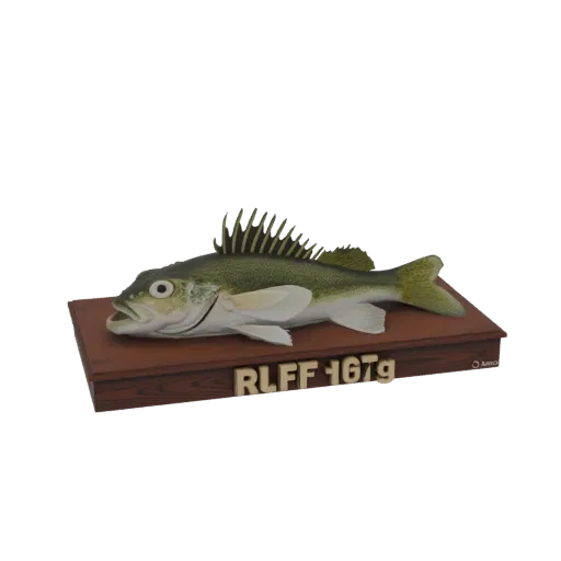 3D model of a Walleye fish trophy mounted on a wooden plaque with 'RLFF 167g' text