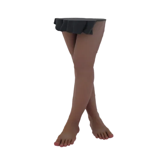 3D model of realistic female legs wearing a dark ruffled skirt, posed with legs crossed.