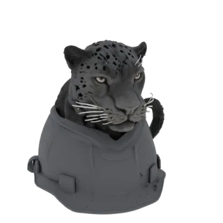 Modelo 3D de pantera negra sentada em um capacete de construção cinza, com bigodes brancos e olhos amarelos