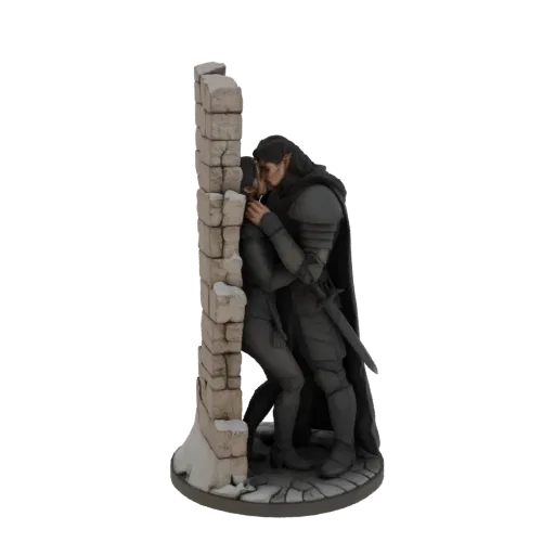 3D model of a fantasy elf warrior in armor kissing a human behind a ruined stone wall, with snow at the base.
