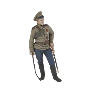 3D-Modell eines sowjetischen Offiziers in Uniform, stehend mit einer Peitsche in der linken Hand und einem Stock in der recht