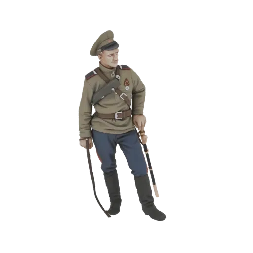 3D-Modell eines sowjetischen Offiziers in Uniform, stehend mit einer Peitsche in der linken Hand und einem Stock in der recht