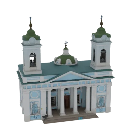 3D model of a Baroque church with white walls, light blue trim, twin bell towers, and a central green dome, set against a whi