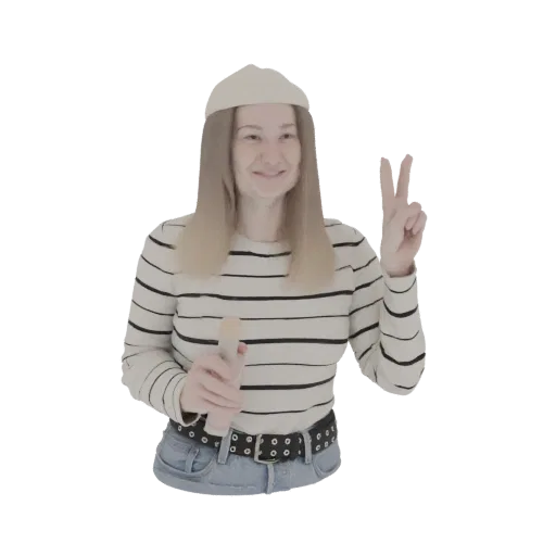 3D model of a smiling woman in a striped sweater and beanie, holding a microphone and making a peace sign.