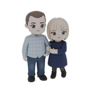 3D model of a chibi couple, a man in a plaid shirt and jeans, and a woman in a blue dress, standing together.