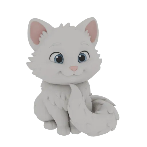 3D model of a cute, stylized white kitten sitting with its tail curled, featuring large blue eyes and a fluffy texture.