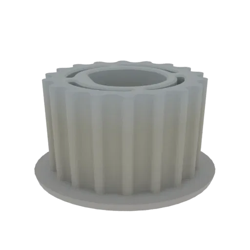 3D model of a gray, fluted pulley wheel with a central bore and a wide base, set against a white background.