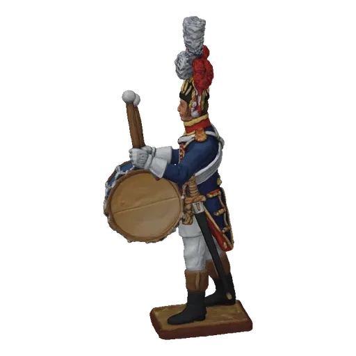 3D model of an 18th-century drummer in uniform, holding drumsticks and a large drum, on a display base.