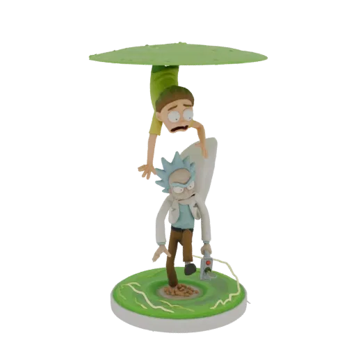3D model of Rick and Morty characters in a diorama scene, with Rick standing on a base and Morty dangling from a mushroom.