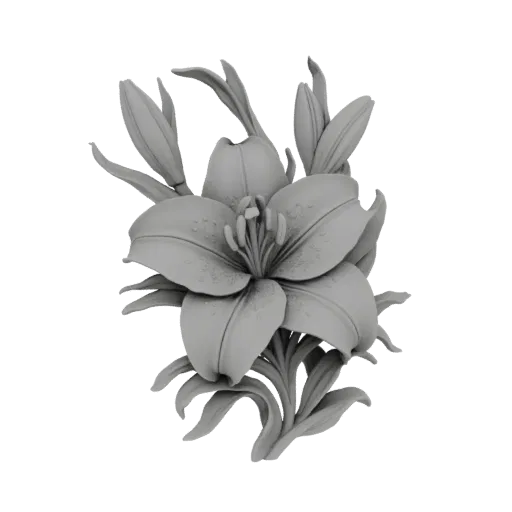 3D model of a grey lily flower with dewdrops and buds, presented on a white background.