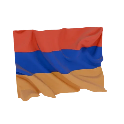 A 3D render of the Armenian flag, depicted as if waving in the wind with realistic fabric folds and vibrant colors.