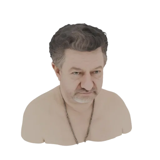 Render de modelo 3D de busto de hombre maduro con cabello canoso y collar de cadena plateado, mirando ligeramente a un lado.