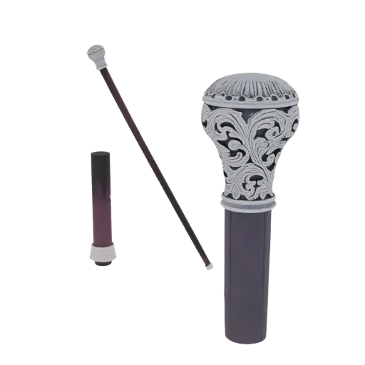 3D model of an ornate Victorian cane with a detailed silver handle and a dark wood shaft, shown against a black background.