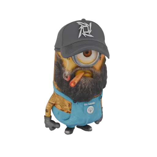 3D model of a Minion character with a full beard, smoking a cigar, wearing a grey baseball cap with the Metallica logo and bl