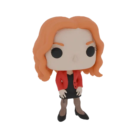 3D model of a stylized woman with red hair, wearing a red jacket over a black dress and fishnet stockings, in the style of a