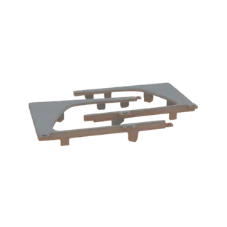 A 3D render of a modern, gray geometric shelf bracket with clean lines and sharp angles, presented on a white background.