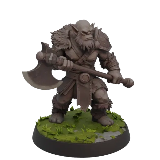 Fantasy Troll Barbar Miniature STL, Drei-Viertel-Tabletop-Rendering, harzdruckbare Feind-Miniatur mit Axt, Pelzrüstung, Narbe