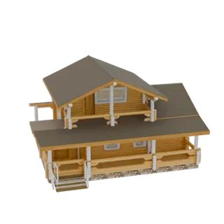 Modelo 3D de uma casa cabana de troncos de dois andares com fundação de pedra, alpendre envolvente e varanda superior, render