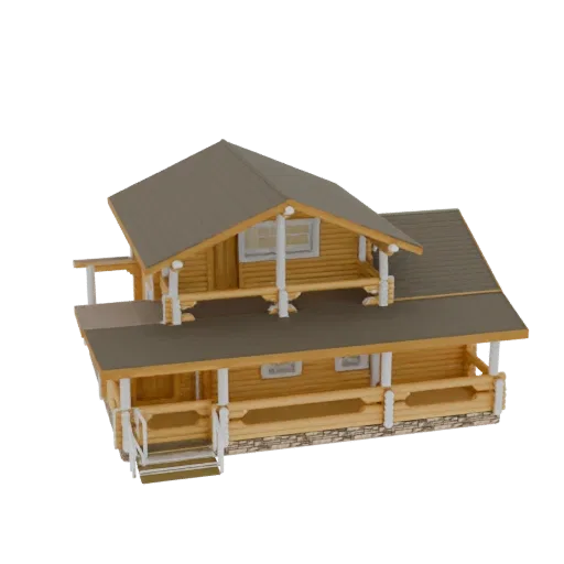 3D model of a two-story log cabin house with a stone foundation, wrap-around porch, and upper balcony, rendered against a whi