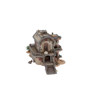Modello 3D di una casa desertica a due piani in stile steampunk con architettura dettagliata e texture invecchiate.