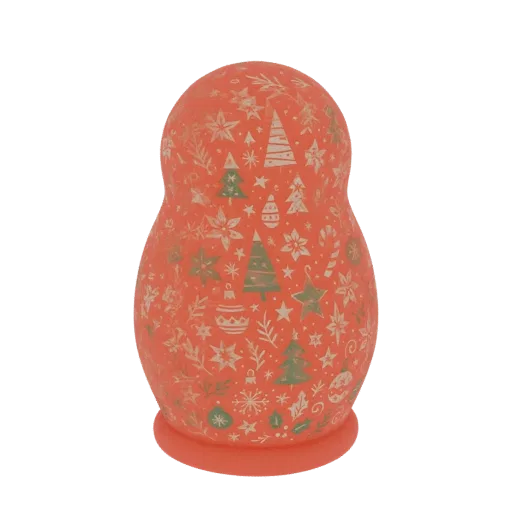 A 3D render of a coral-orange Matryoshka doll decorated with green and white Christmas tree, snowflake, and star patterns.