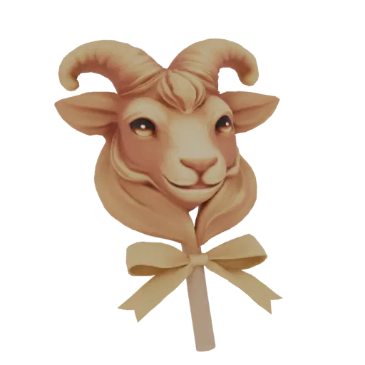 3D model render of a stylized goat head lollipop with a light yellow ribbon tied around its stick, against a white background