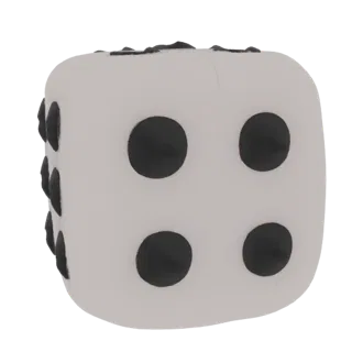 Uma renderização 3D de um dado branco com pips pretos, mostrando as faces com 3, 4 e 6 pontos.