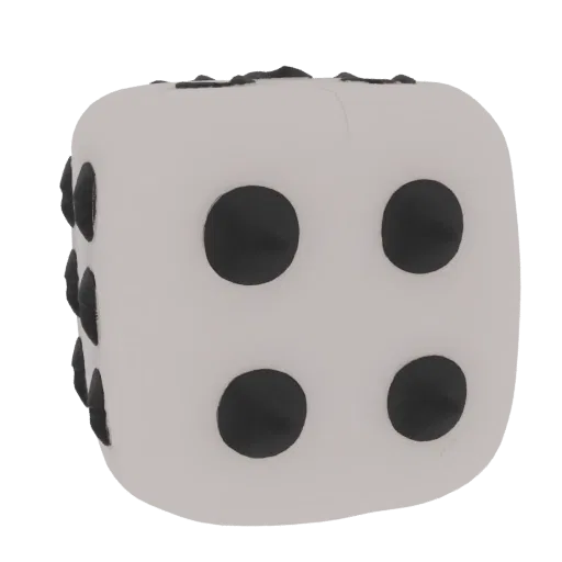 A 3D render of a white die with black pips, showing the faces with 3, 4, and 6 dots.