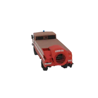 Modelo 3D de camión de bomberos soviético con un gran ventilador en la parte trasera, visto desde un ángulo trasero-tres-cuar