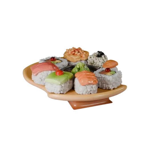 Modello 3D Viz Prodotto Set di Sushi Homestyle, render studio a tre quarti, che mostra salse, composizione del piatto.