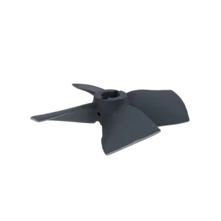 A dark gray, four-blade industrial impeller 3D model shown from a side-angle against a white background.