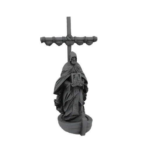 3D model of a grey statue of a monk holding a book in front of a cross with draped fabric.