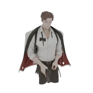 3D model of a male detective in a white shirt, black bowtie, and suspenders, holding a pistol, with a jacket draped over his