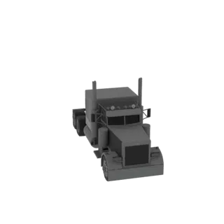 A 3D model of a classic gray semi-truck, viewed from a slightly elevated front-right angle against a black background.