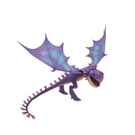 Renderização 3D de um dragão roxo e azul em voo, com asas abertas e boca aberta.