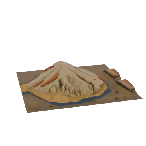3D model of a volcanic mountain diorama with a river flowing around its base and rocky outcrops on its slopes.